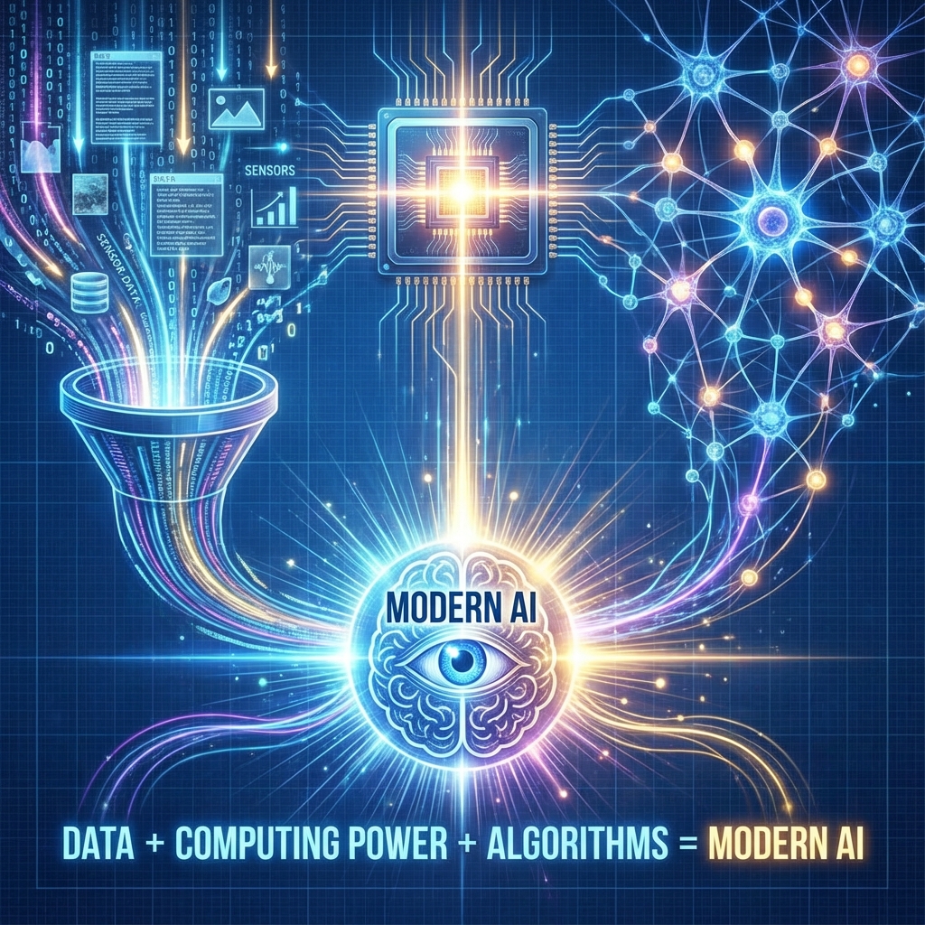 Equation showing the drivers of modern AI: Big Data + Computing Power + Advanced Algorithms = AI Revolution