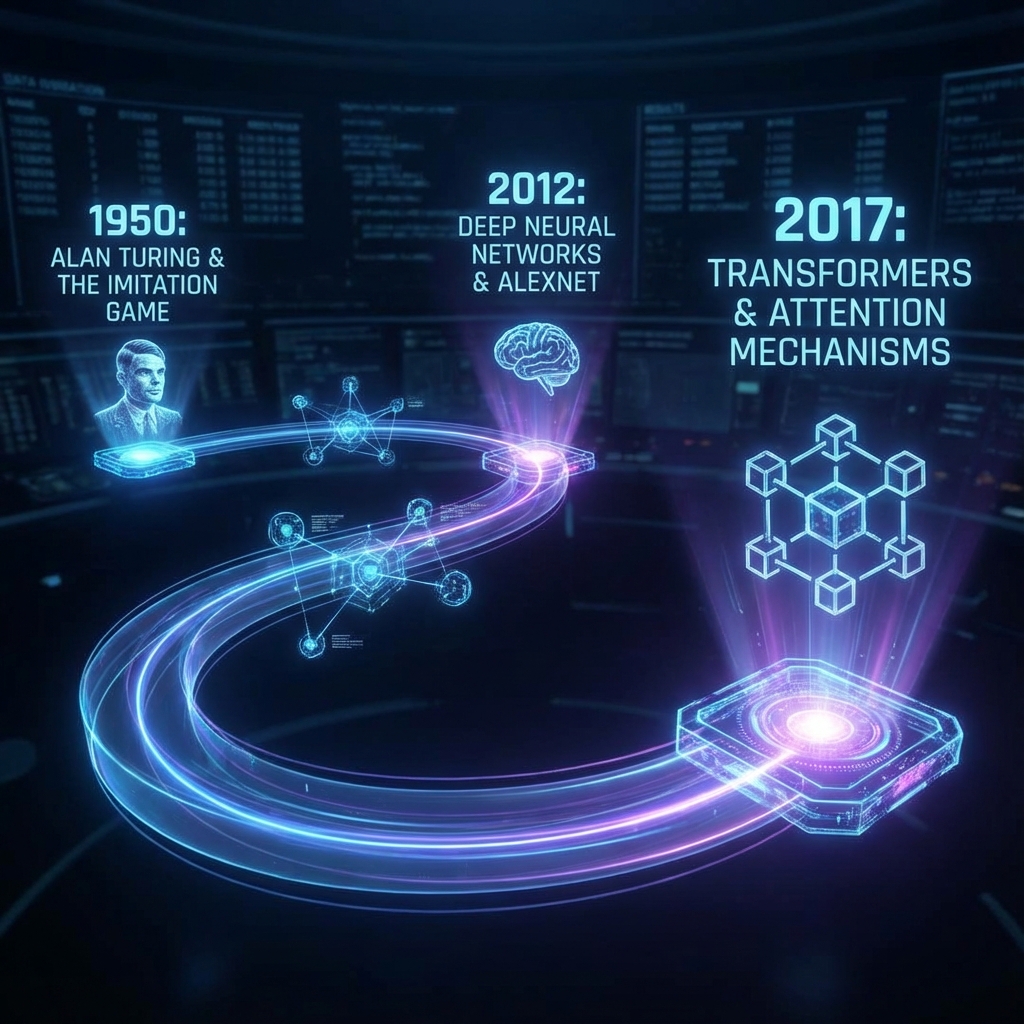 Timeline of Artificial Intelligence history, from the Turing Test in 1950 to the modern Generative AI era