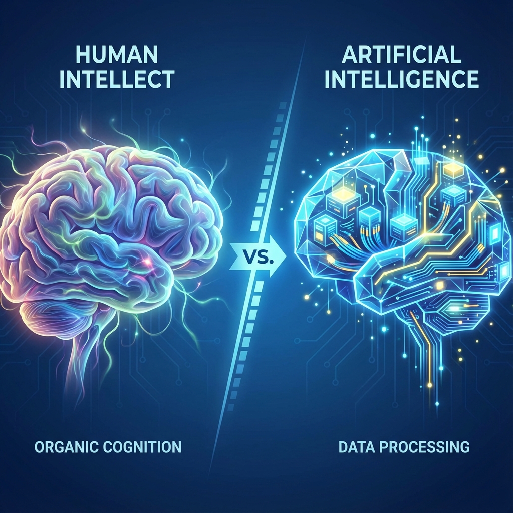 Comparison illustration between the biological Human Brain and an Artificial Intelligence neural network