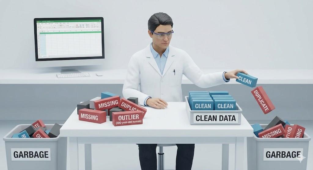Data scientist cleaning a dataset by removing duplicates, errors, and outliers to prepare it for training
