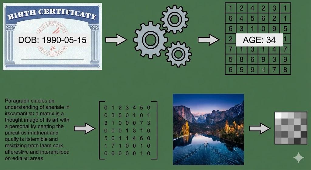 Visual representation of Feature Engineering, converting raw text and images into numerical vectors