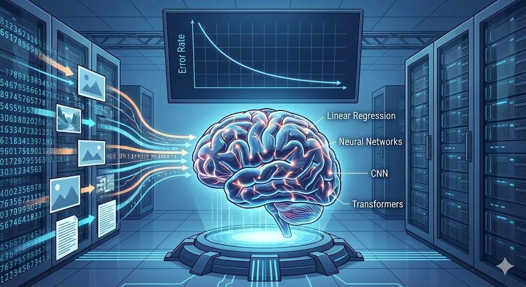 Illustration of the Model Training process, showing an AI system learning from data in a server room