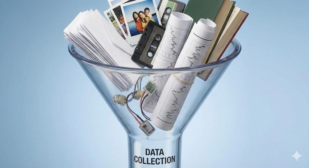 Illustration of the Data Collection process, showing various data sources pouring into a collection funnel