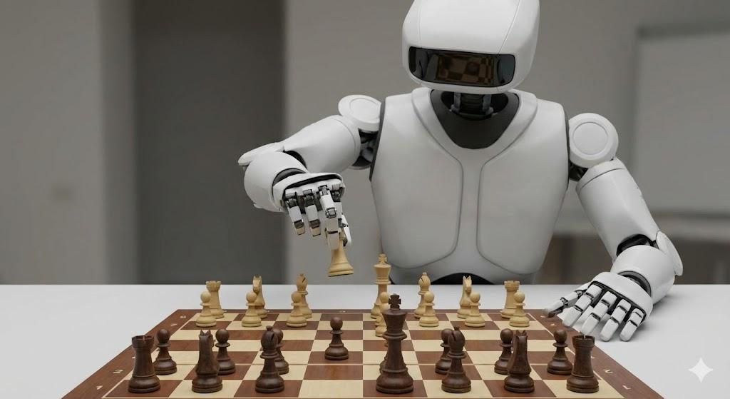Illustration of Weak AI represented by a robot specialized in playing chess but unable to perform other tasks